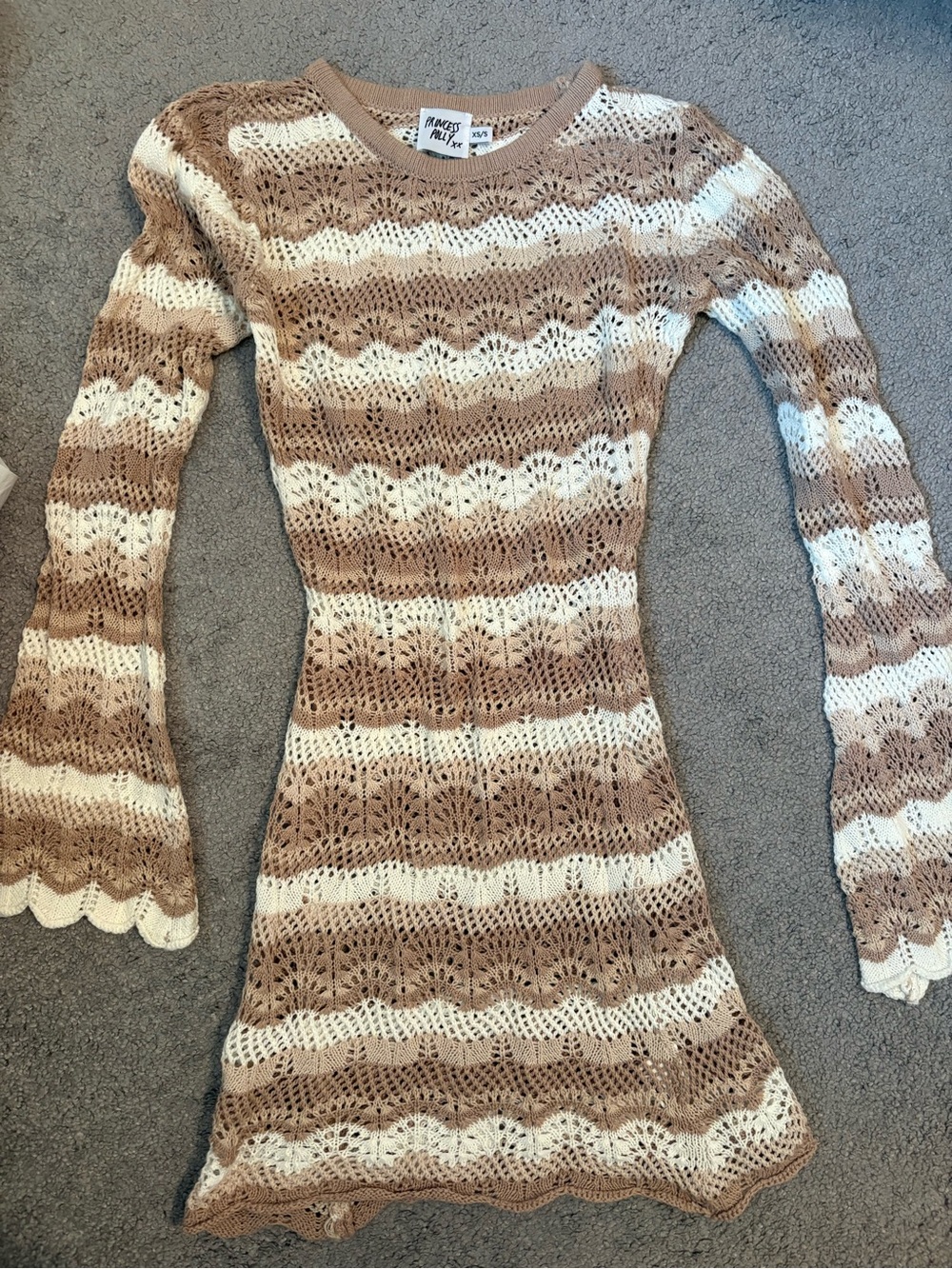 Princess Polly Cream & Taupe Open-Knit Crew Sweater